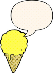 cartoon ice cream with speech bubble in comic book style