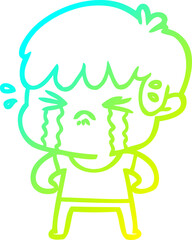 cold gradient line drawing of a cartoon boy crying