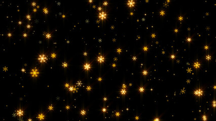 Fototapeta na wymiar golden shiny snowflakes and stars on black background, new year and Christmas winter design element