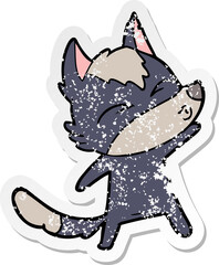distressed sticker of a cartoon wolf pouting