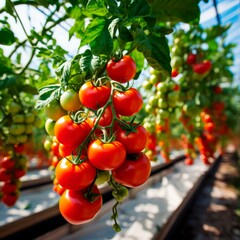 Branches of red cherry tomatoes growing in a greenhouse.