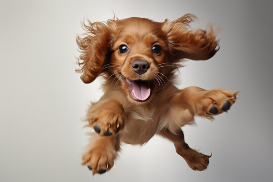 Joyful Leap: Adorable Cocker Spaniel Puppy Mid-Air