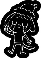 Fototapeta premium cute quirky cartoon icon of a dog crying wearing santa hat