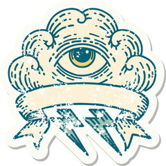 worn old sticker with banner of an all seeing eye cloud