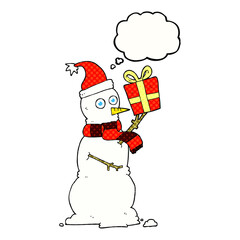 freehand drawn thought bubble cartoon snowman holding present