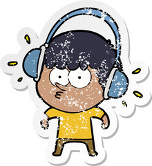 distressed sticker of a cartoon boy listening to headphones