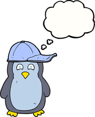 freehand drawn thought bubble cartoon penguin wearing hat