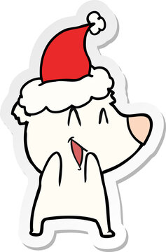 laughing polar bear hand drawn sticker cartoon of a wearing santa hat