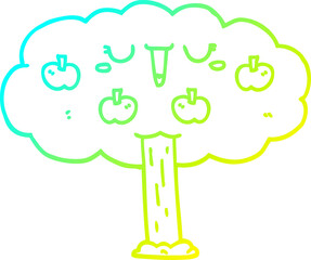 cold gradient line drawing of a cartoon apple tree