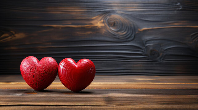Red Hearts On Wood background For Love Valentines Day Special_ Copy Space_AI 