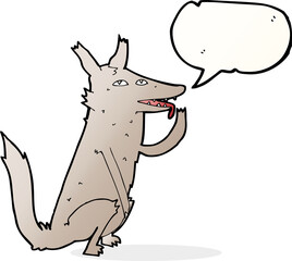 cartoon wolf licking paw with speech bubble