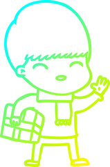 cold gradient line drawing of a happy cartoon boy