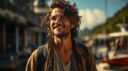 Fototapeta premium Backpacker man walking in city background. Generative ai.
