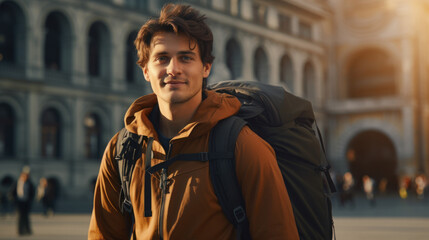 Backpacker man walking in city background. Generative ai.