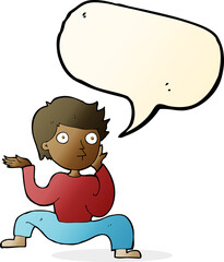cartoon boy doing crazy dance with speech bubble