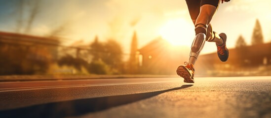 Disabled person with prosthetic leg running at running field