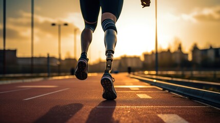 Disabled person with prosthetic leg running at running field