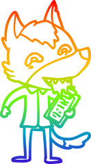 rainbow gradient line drawing of a cartoon hungry wolf with clip board