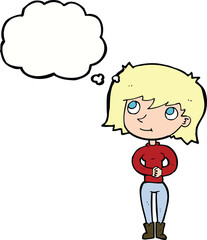 cartoon friendly woman with thought bubble