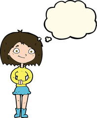 cartoon happy woman with thought bubble