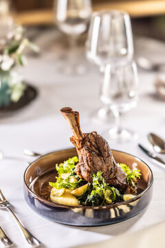 Confit leg of lamb on mashed potatoes with creamy kale, demi glace sauce and herbs in the hotel restaurant