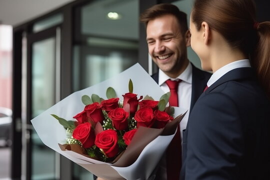 Smiling man in office taking a bouquet of red roses from a female partner. Promotion of carrier concept. Celebration birthday in office