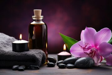 Spa composition with Carnation flower essential oil, zen stones and towels