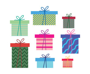Colorful wrapped Gift boxes collection. For Christmas and New Year, shopping and sale. Vector illustration