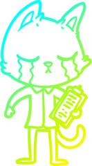 cold gradient line drawing of a crying cartoon business cat