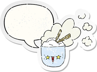cute cartoon hot rice bowl with speech bubble distressed distressed old sticker