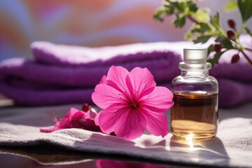 Obraz na płótnie Canvas Spa composition with geranium flower essential oil, zen stones and towels