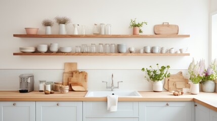 Nice tidy kitchen with a wooden kitchen counter and white walls - obrazy, fototapety, plakaty