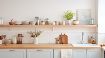 Fototapeta na wymiar Nice tidy kitchen with a wooden kitchen counter and white walls