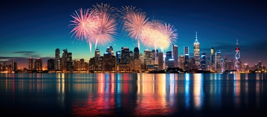 Obraz premium Colorful Fireworks over City skyline long exposure with beautiful dark blue sky