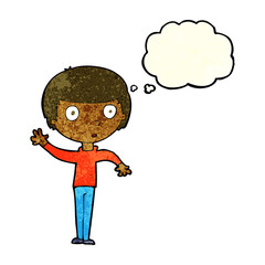 cartoon waving boy with thought bubble