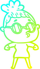 cold gradient line drawing of a cartoon woman wearing glasses