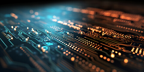 Computer futuristic boards with microchips energy chips and transistors on high tech computer abstract background.AI Generative 