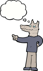 cartoon pointing wolf man with thought bubble