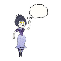 freehand drawn thought bubble textured cartoon vampire girl waving