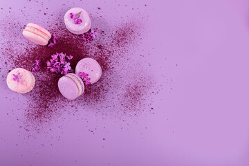 Obraz na płótnie Canvas Pastel colored sweet french macaroons with lilac flowers and splash of dry blueberry powder on purple background. Beautiful composition for bakery and pastry shop. Top view with copy space for text
