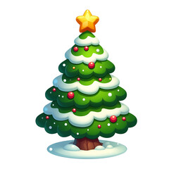 christmas tree with snow and big star cartoon style