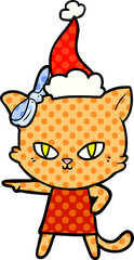 cute hand drawn comic book style illustration of a cat wearing dress wearing santa hat