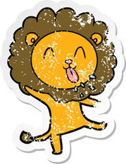 distressed sticker of a happy cartoon lion