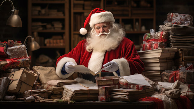 Santa Claus in his workshop, engrossed in reading letters amidst a festive setting filled with presents and holiday decorations.