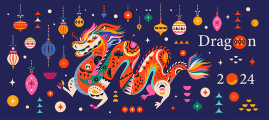 Happy New Year 2024 concept design. Chinese dragon vector illustration. Happy Chinese New Year 2024 vector design. Symbol of 2024. Year of the Dragon. 