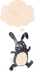 cartoon rabbit running with thought bubble in grunge distressed retro textured style