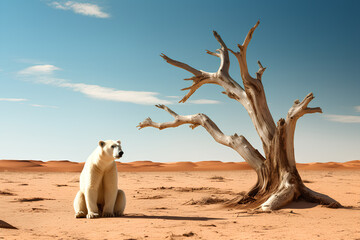 A polar bear in the desert, a concept of loss of agricultural land, rainfall and climate change - obrazy, fototapety, plakaty