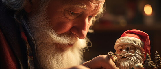 Obraz premium Old man Crafting a Santa Claus figurine, adorned in red and gold,Woodcraft Christmas Handmade present.