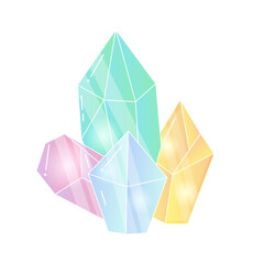 Cartoon colored crystals, green yellow, blue, pink
