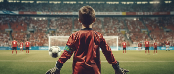 9 year old goalkeeper standing in the stadium - obrazy, fototapety, plakaty